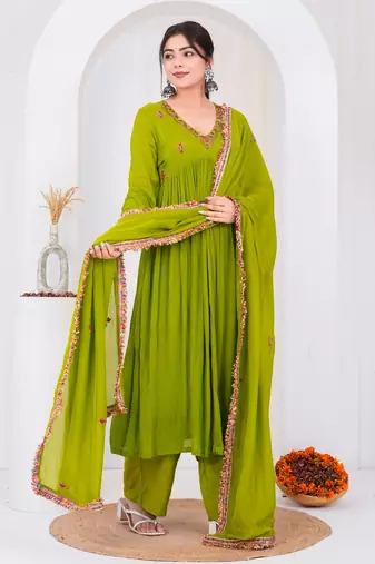 Green chiffon embroidered kurta sets