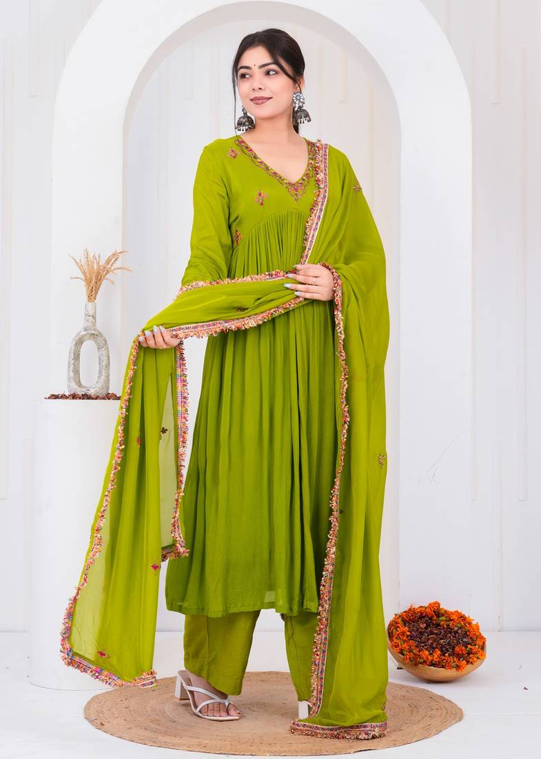 Green chiffon embroidered kurta sets