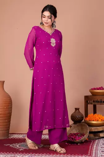 Purple organza embroidered kurta sets