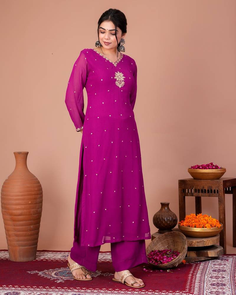 Purple organza embroidered kurta sets