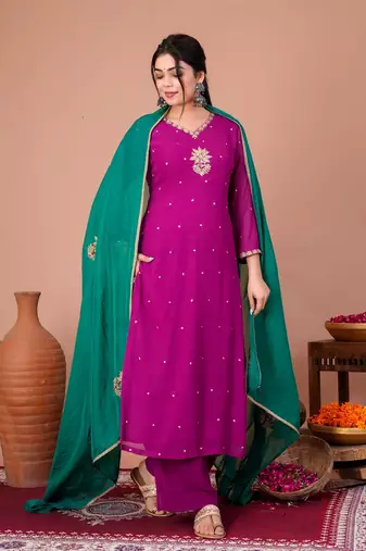 Purple organza embroidered kurta sets