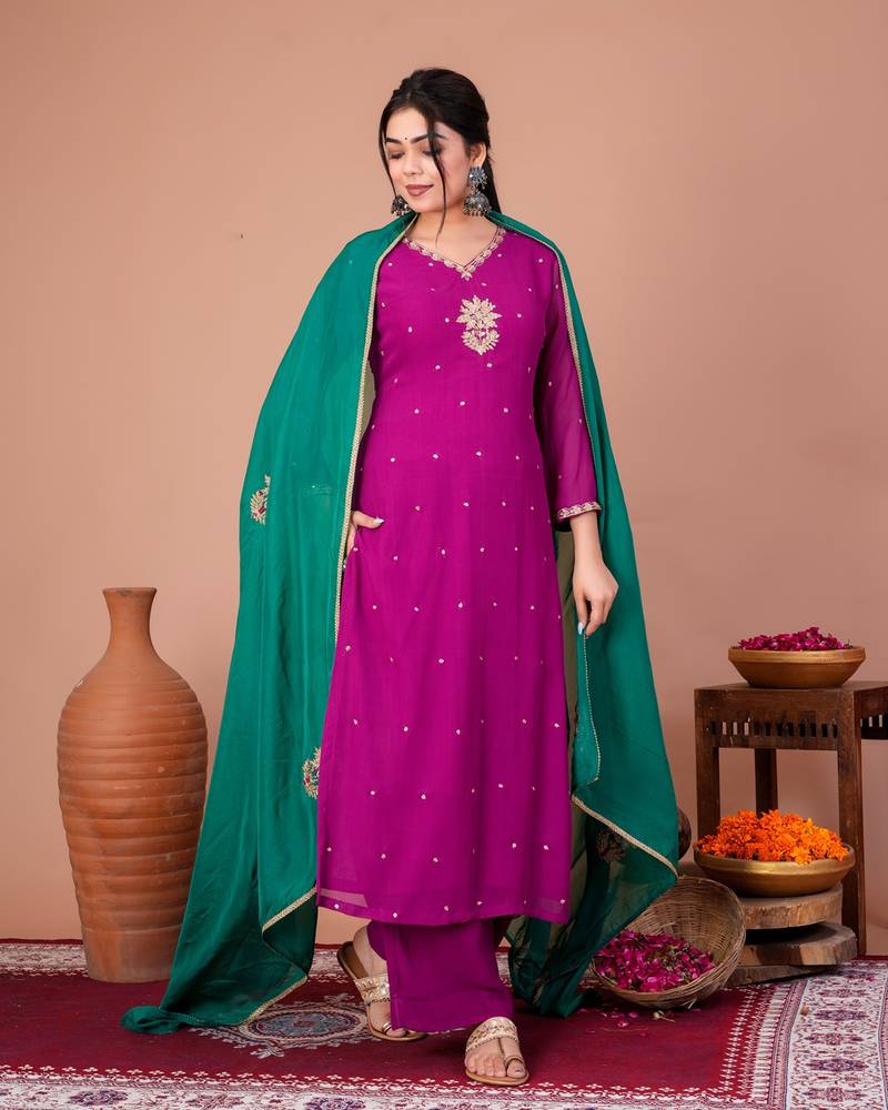 Purple organza embroidered kurta sets