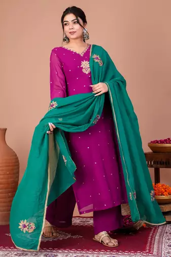 Purple organza embroidered kurta sets