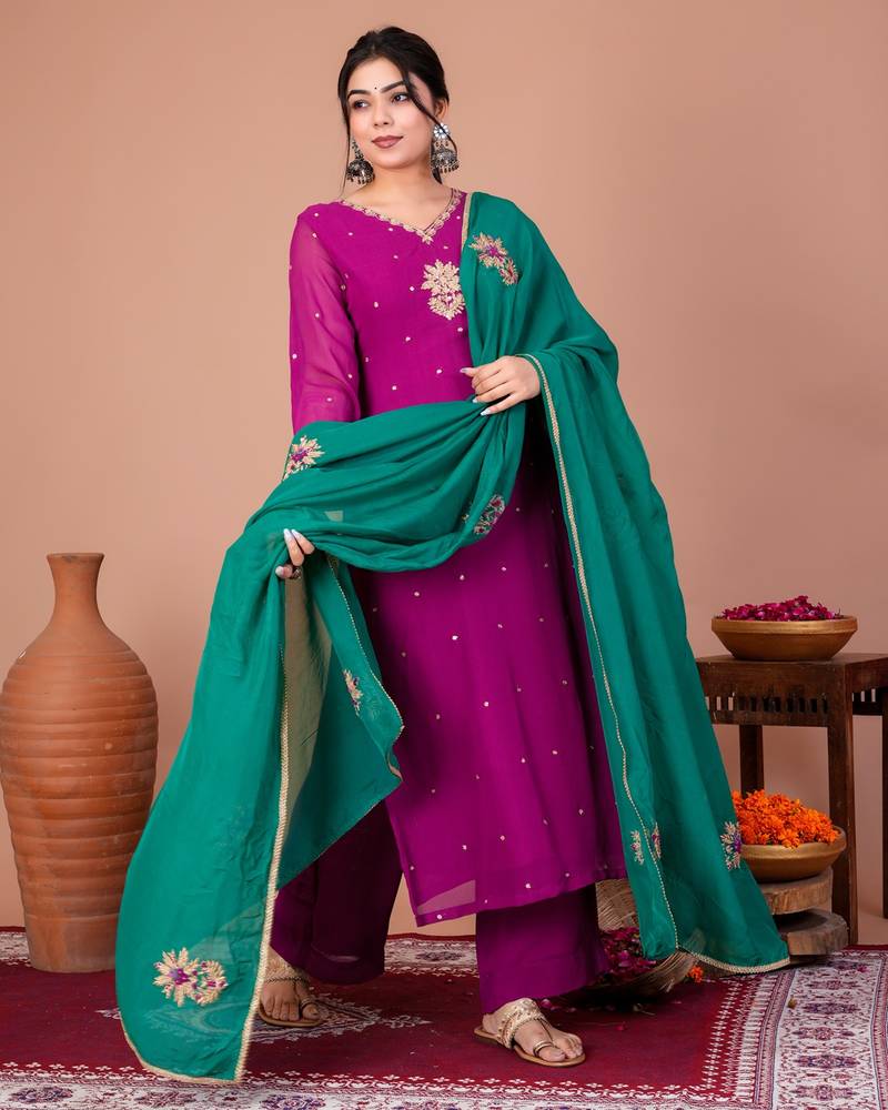 Purple organza embroidered kurta sets