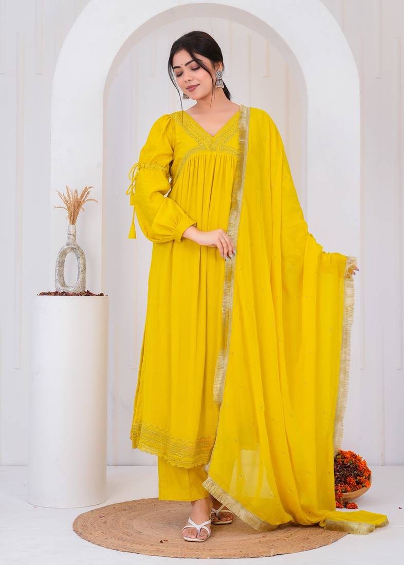Yellow chanderi embroidered kurta sets