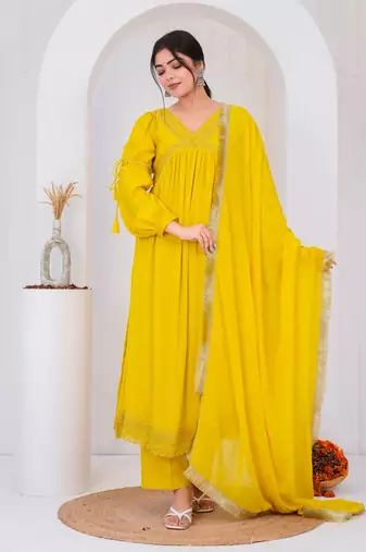 Yellow chanderi embroidered kurta sets