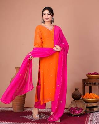 Orange georgette embroidered kurta sets 1
