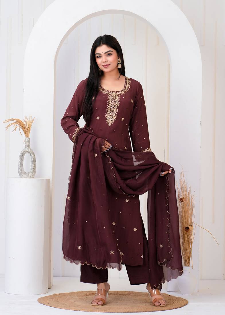 Brown crepe embroidered kurta sets