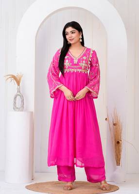 Pink georgette embroidered kurta sets 1
