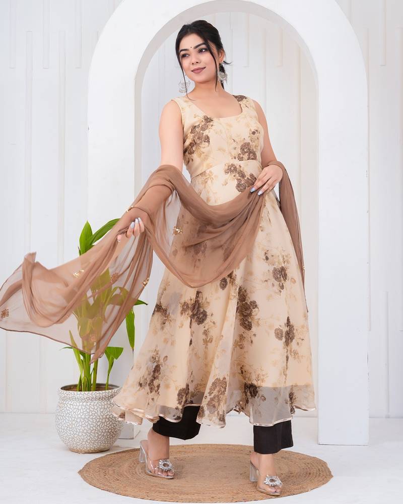 Light brown chiffon embroidered kurta sets