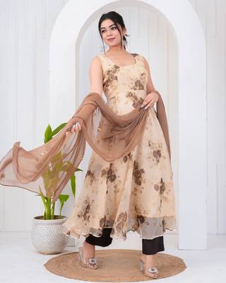 Light brown chiffon embroidered kurta sets 1
