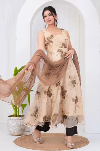 Light brown chiffon embroidered kurta sets