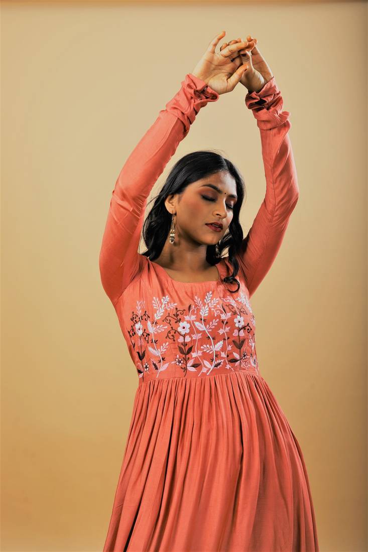 Rust cotton embroidered kurta sets