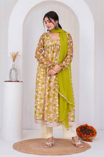 Green chiffon embroidered kurta sets