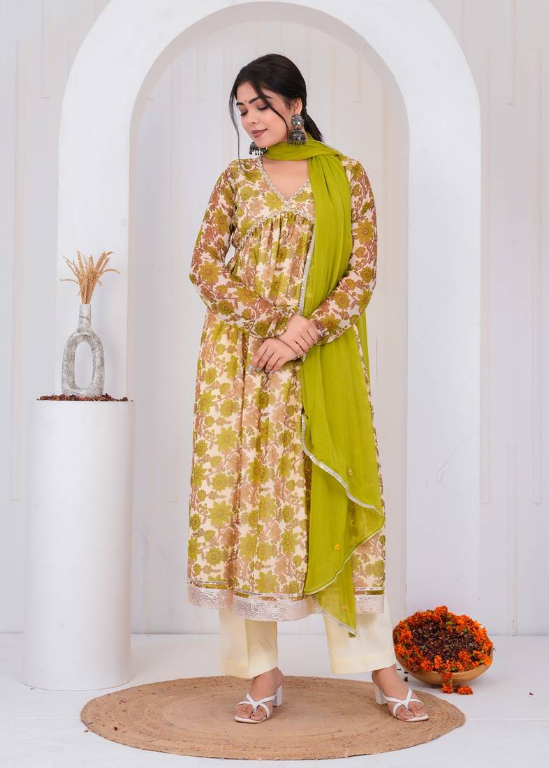Green chiffon embroidered kurta sets