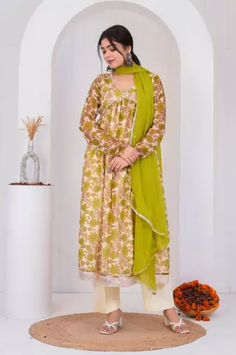 Green chiffon embroidered kurta sets