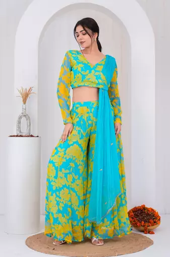 Blue chiffon embroidered kurta sets
