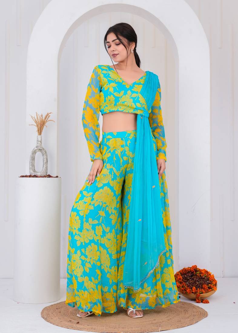 Blue chiffon embroidered kurta sets