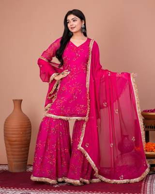 Pink chiffon embroidered kurta sets 1