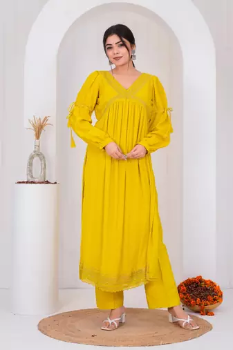 Yellow chanderi embroidered kurta sets