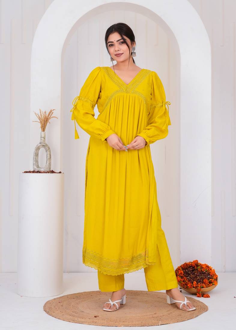 Yellow chanderi embroidered kurta sets