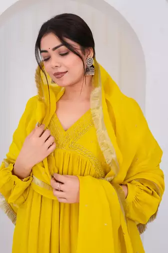 Yellow chanderi embroidered kurta sets