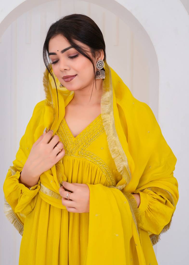 Yellow chanderi embroidered kurta sets
