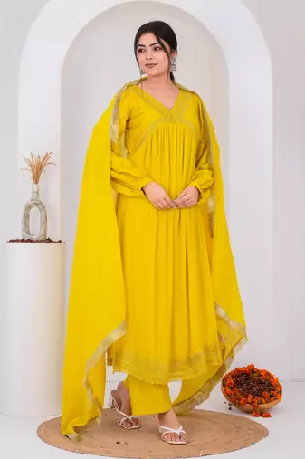 Yellow chanderi embroidered kurta sets