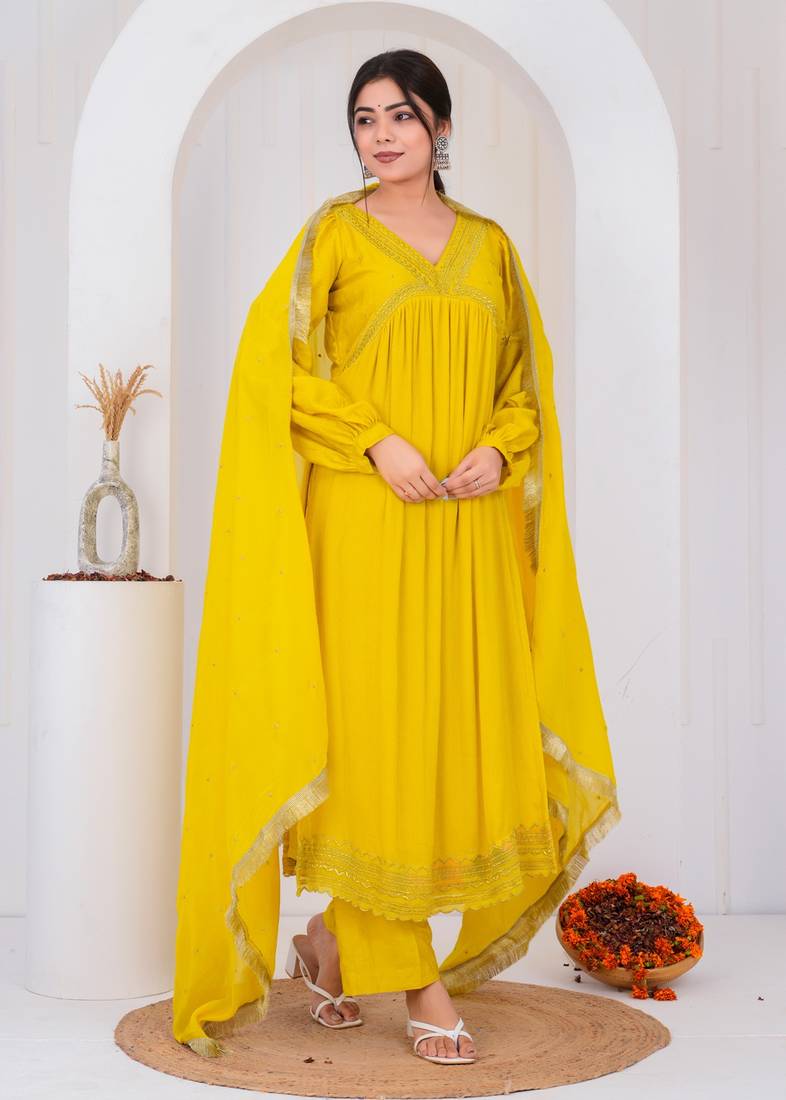 Yellow chanderi embroidered kurta sets