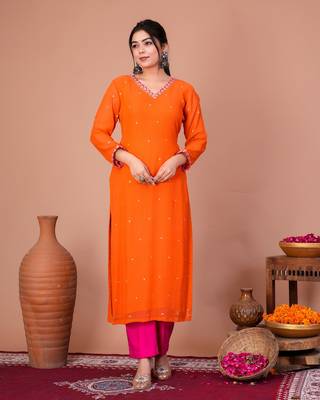 Orange georgette embroidered kurta sets 2