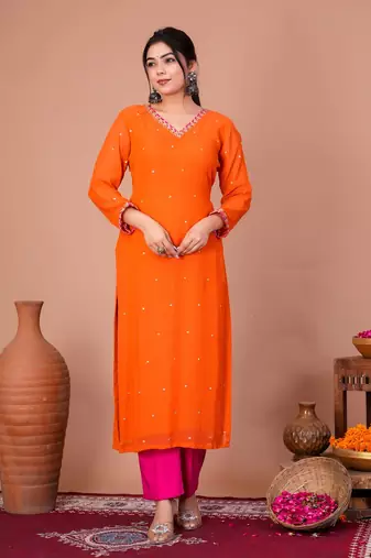 Orange georgette embroidered kurta sets