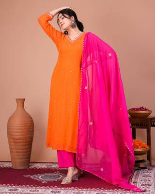 Orange georgette embroidered kurta sets 4