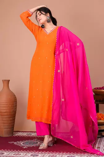 Orange georgette embroidered kurta sets
