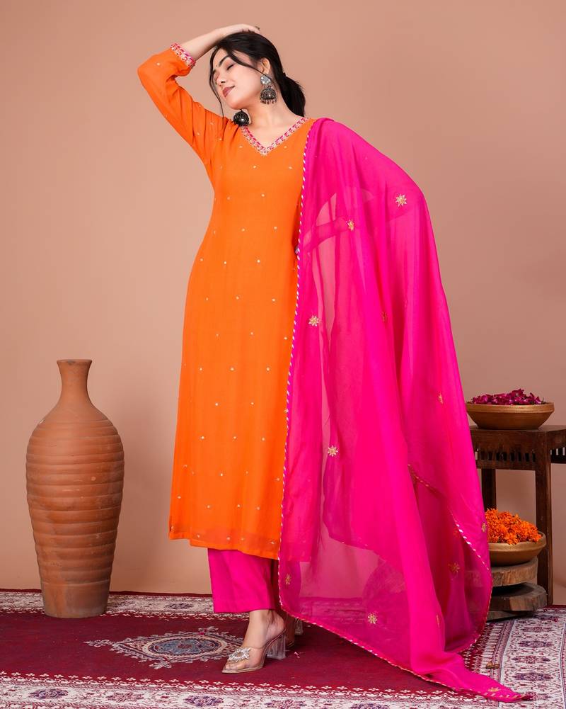Orange georgette embroidered kurta sets