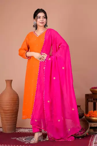 Orange georgette embroidered kurta sets