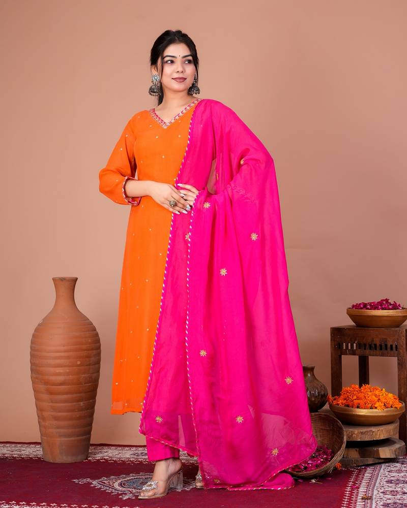 Orange georgette embroidered kurta sets