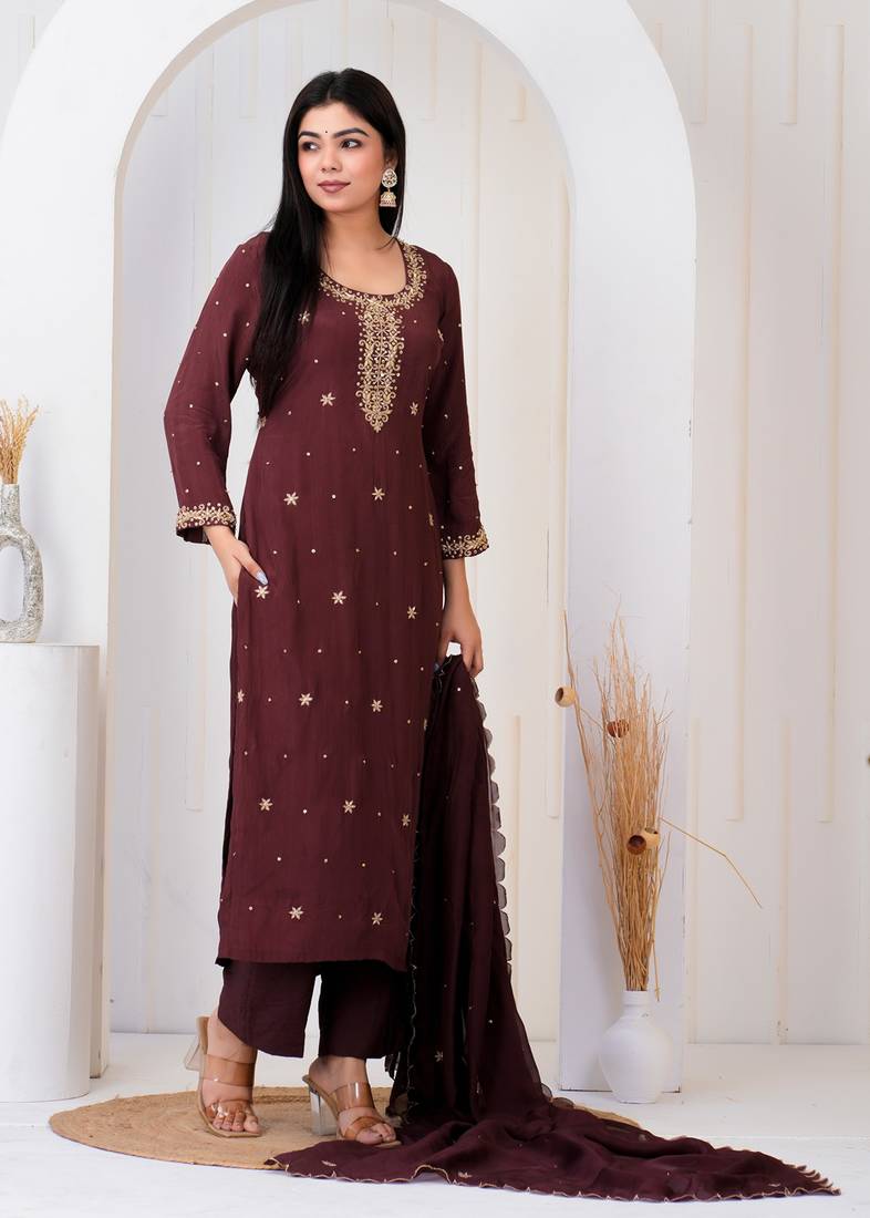 Brown crepe embroidered kurta sets