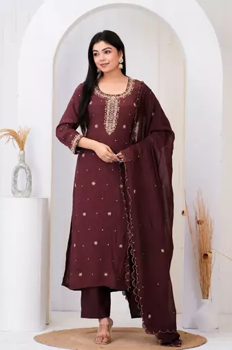 Brown crepe embroidered kurta sets