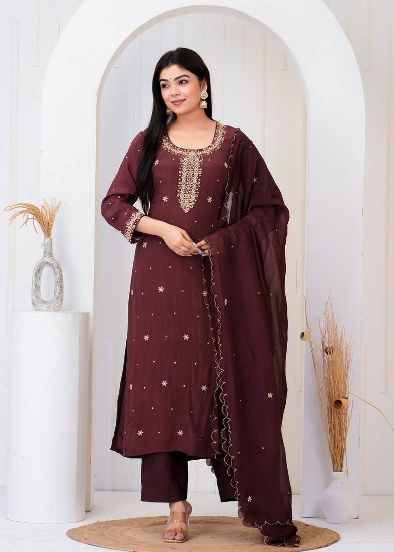 Brown crepe embroidered kurta sets