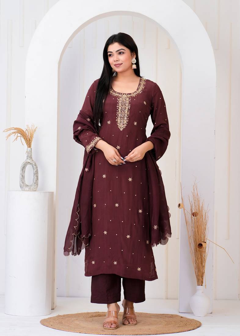 Brown crepe embroidered kurta sets