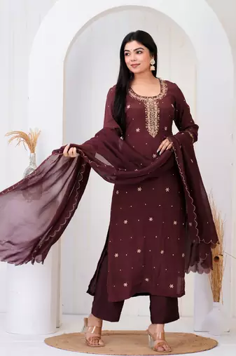 Brown crepe embroidered kurta sets