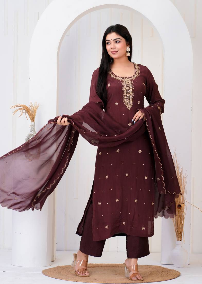 Brown crepe embroidered kurta sets