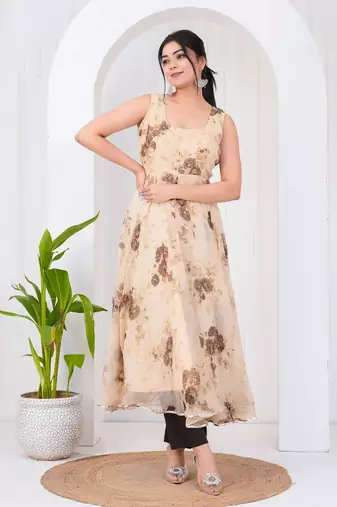 Light brown chiffon embroidered kurta sets