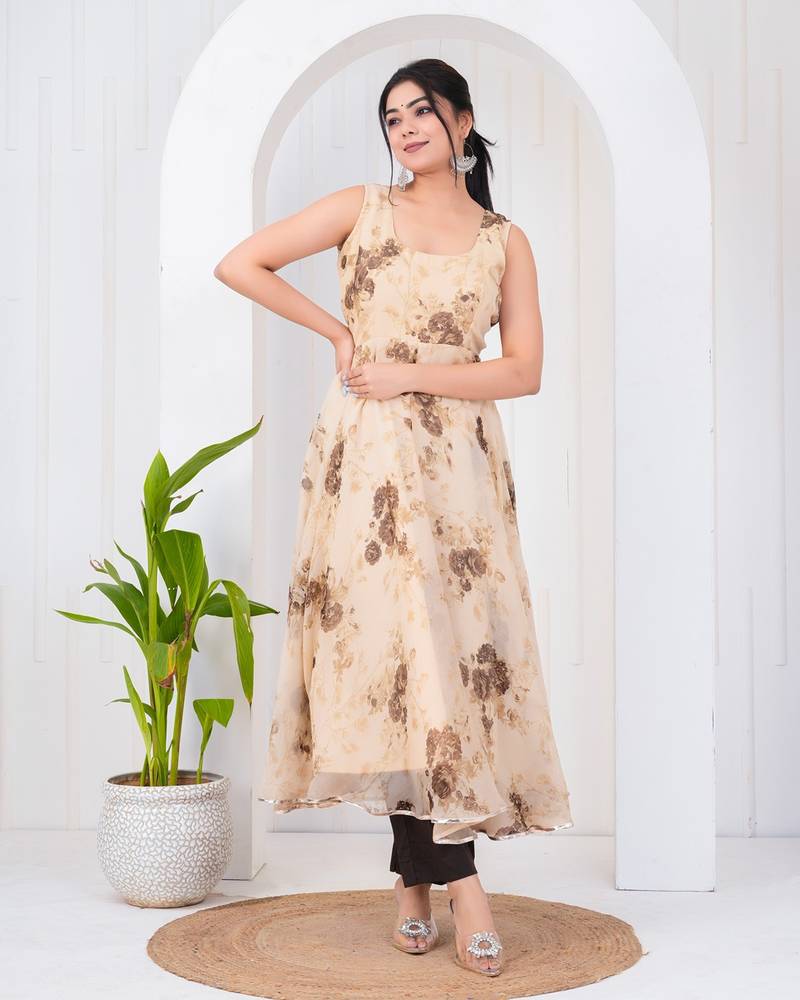 Light brown chiffon embroidered kurta sets