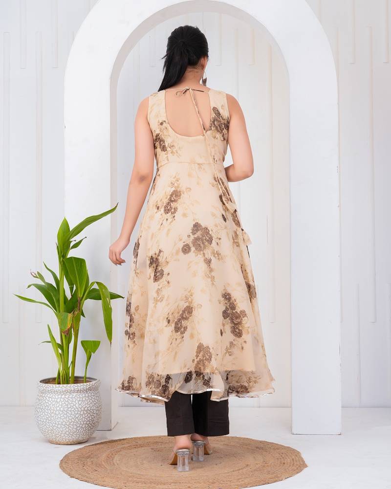 Light brown chiffon embroidered kurta sets