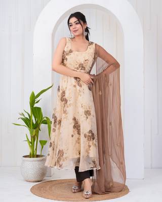 Light brown chiffon embroidered kurta sets 4