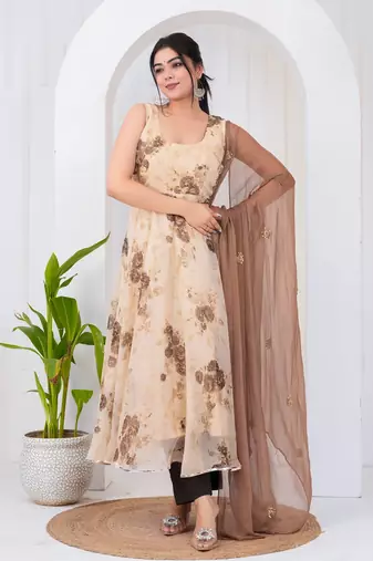 Light brown chiffon embroidered kurta sets