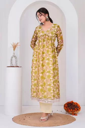 Green chiffon embroidered kurta sets
