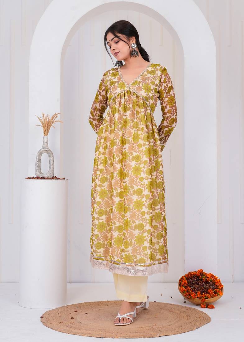 Green chiffon embroidered kurta sets