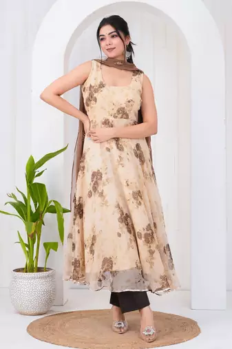 Light brown chiffon embroidered kurta sets